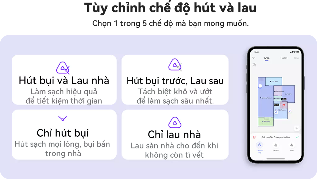Robot hút bụi lau nhà Narwal Freo X Ultra tùy chỉnh chế độ hút
